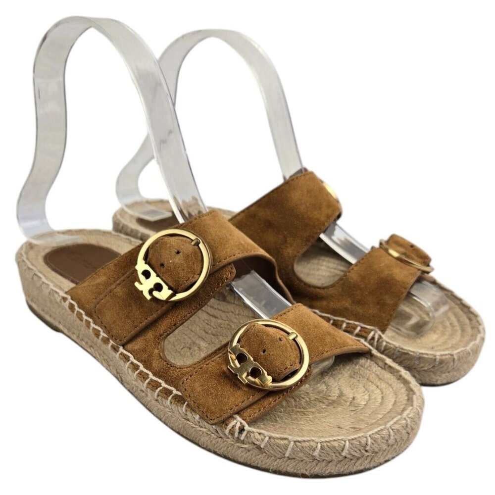 Tory Burch Selby Women's US 7 Brown Suede Two-Band Espadrille Slides Sandals